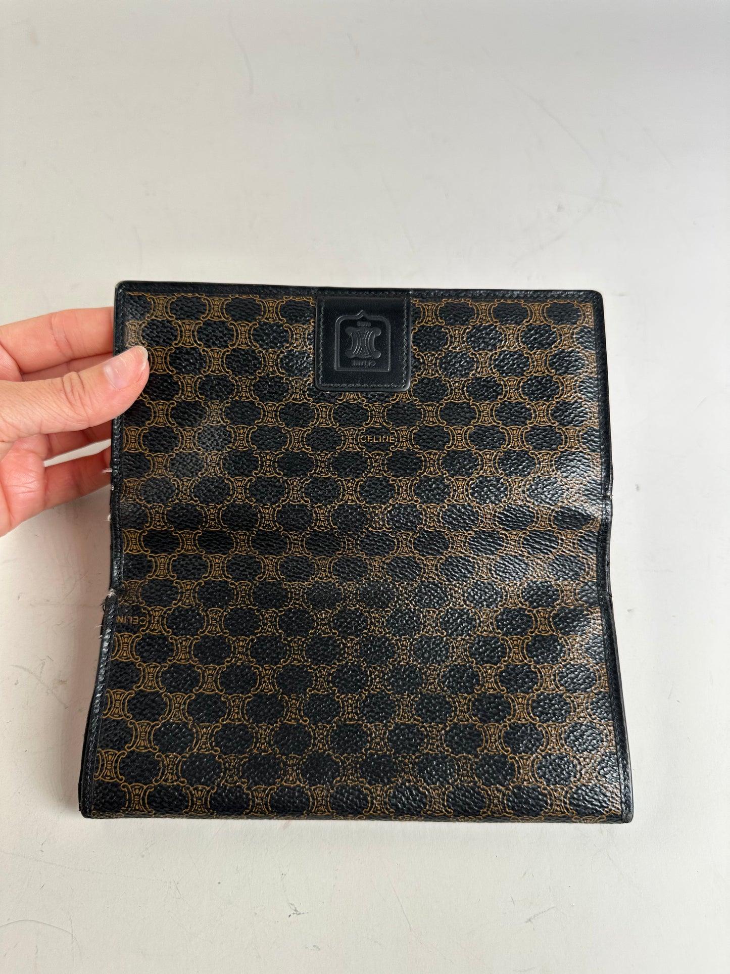Vintage Celine Textured Leather Wallet Black Brown Gold