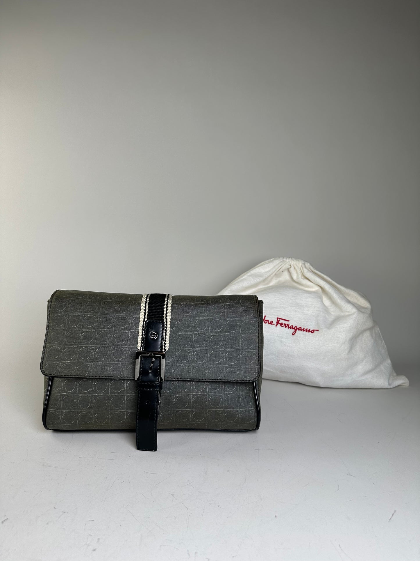 Vintage Ferragamo Monogram Canvas Clutch Bag Grey Black