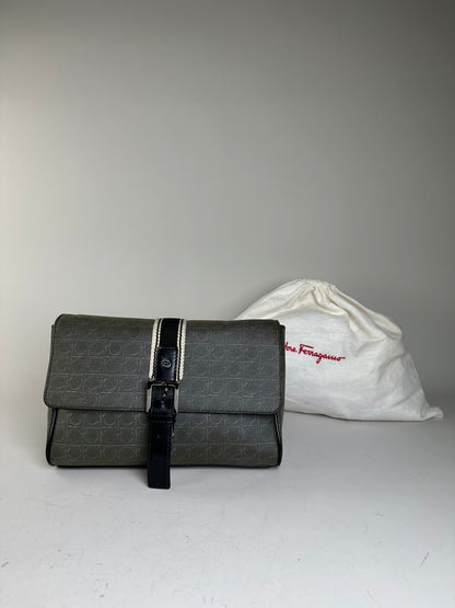 Vintage Ferragamo Monogram Canvas Clutch Bag Grey Black
