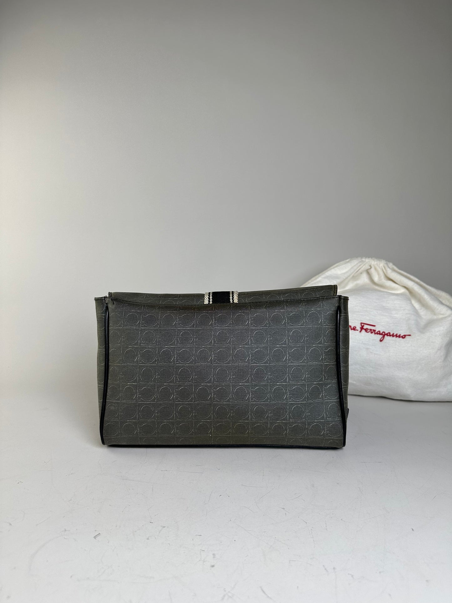 Vintage Ferragamo Monogram Canvas Clutch Bag Grey Black