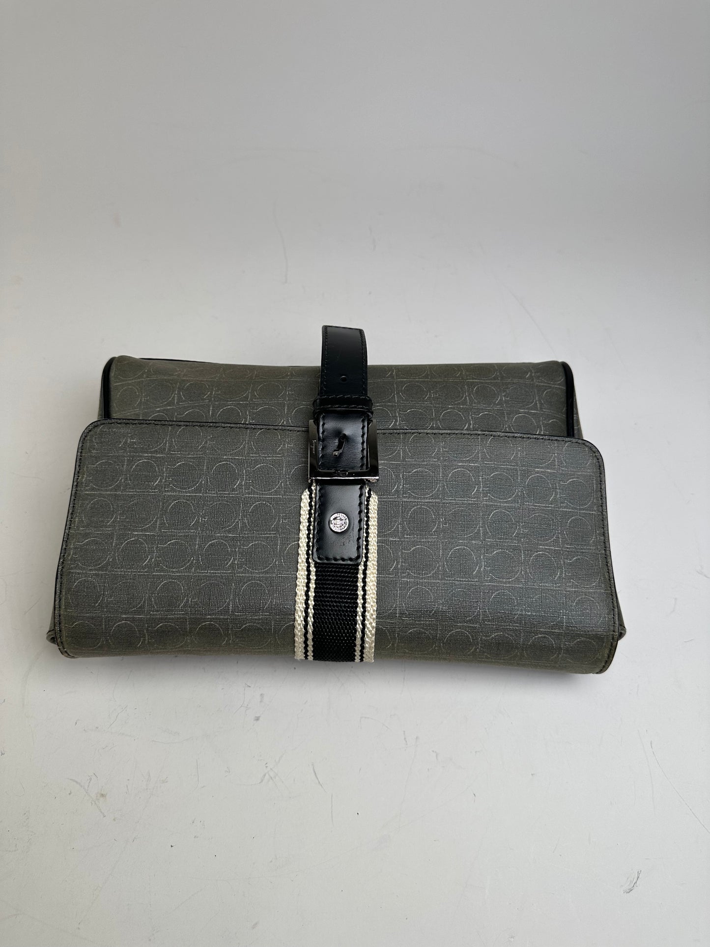 Vintage Ferragamo Monogram Canvas Clutch Bag Grey Black
