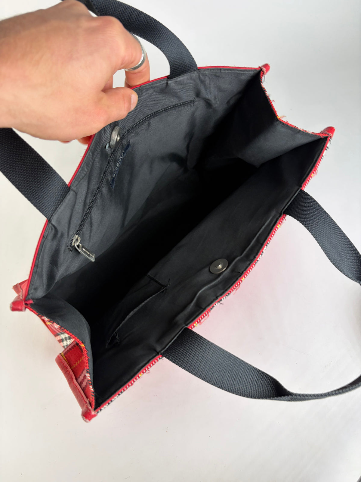 Vintage Burberry Canvas Plaid Trim Tote Red