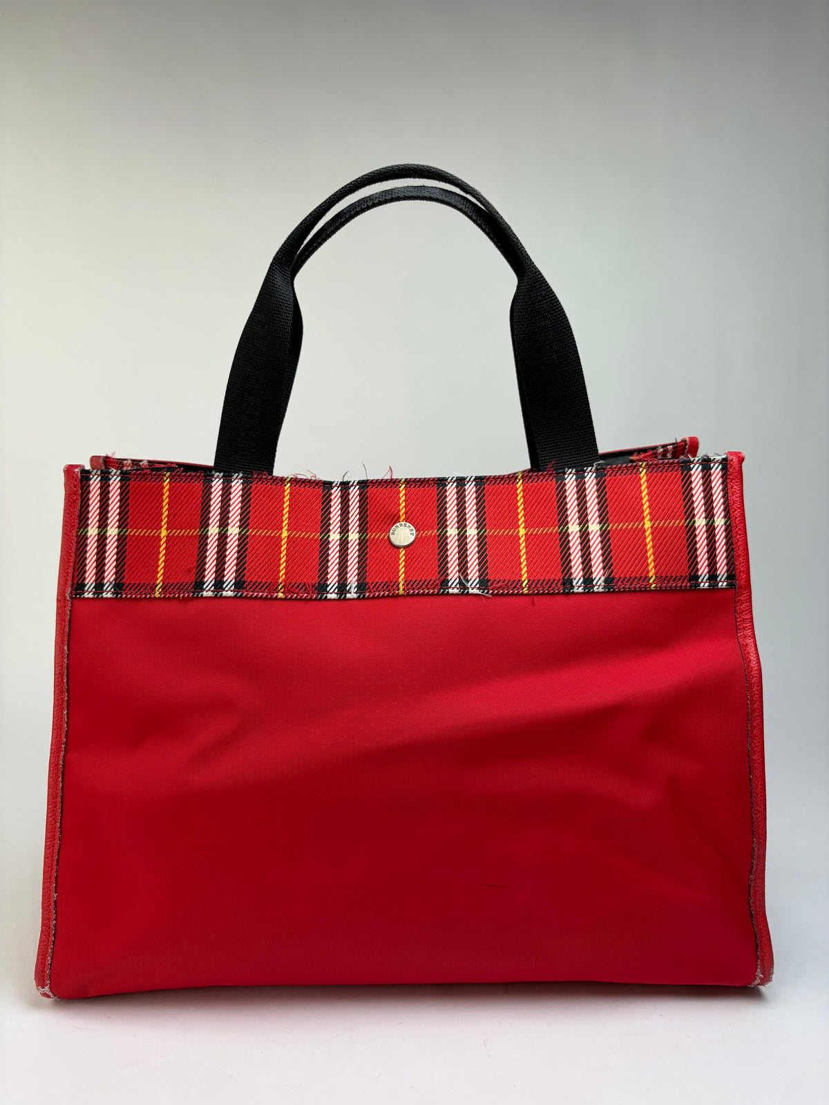 Vintage Burberry Canvas Plaid Trim Tote Red