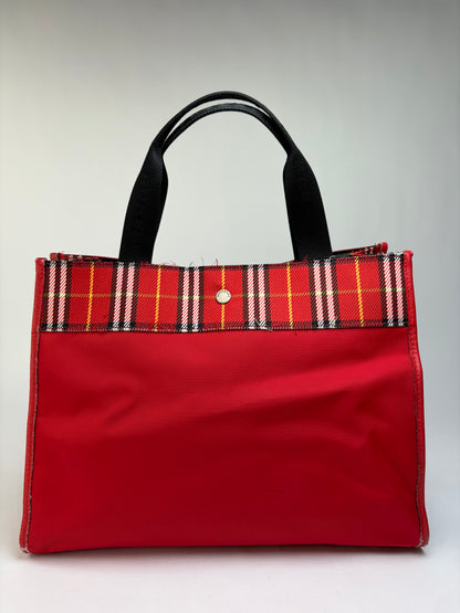 Vintage Burberry Canvas Plaid Trim Tote Red
