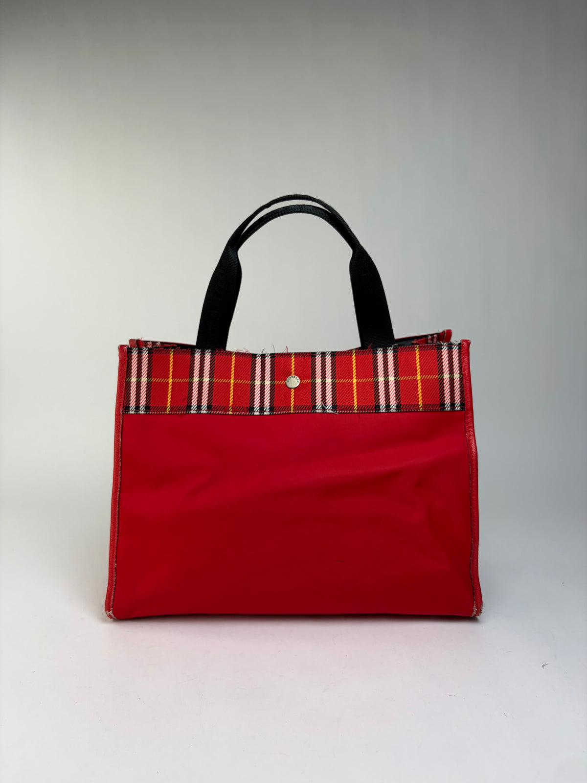 Vintage Burberry Canvas Plaid Trim Tote Red