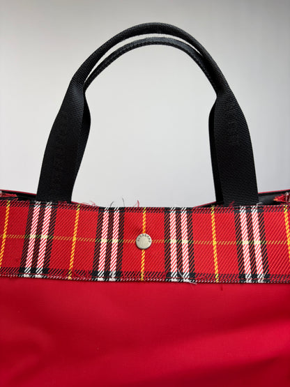 Vintage Burberry Canvas Plaid Trim Tote Red