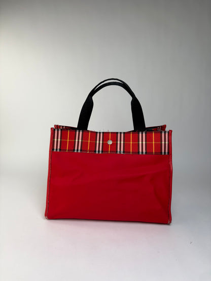 Vintage Burberry Canvas Plaid Trim Tote Red