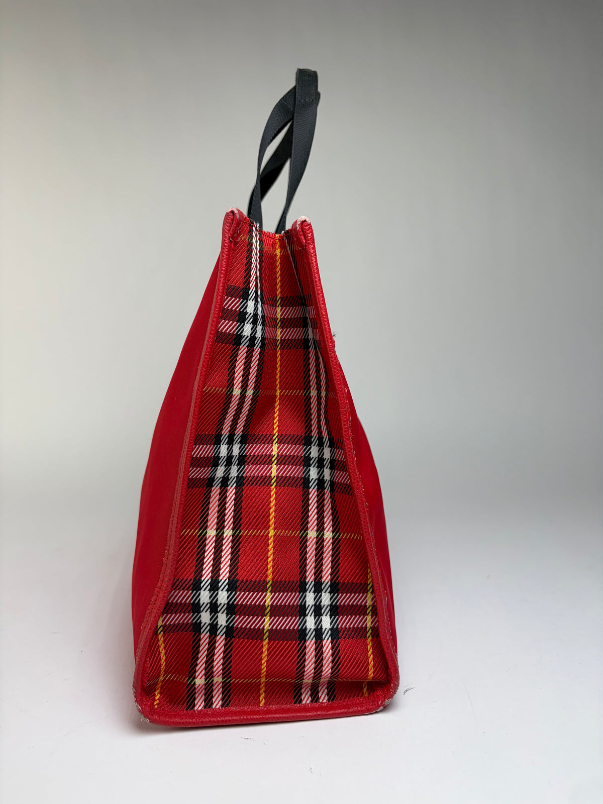Vintage Burberry Canvas Plaid Trim Tote Red