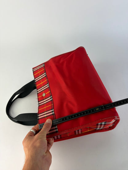 Vintage Burberry Canvas Plaid Trim Tote Red