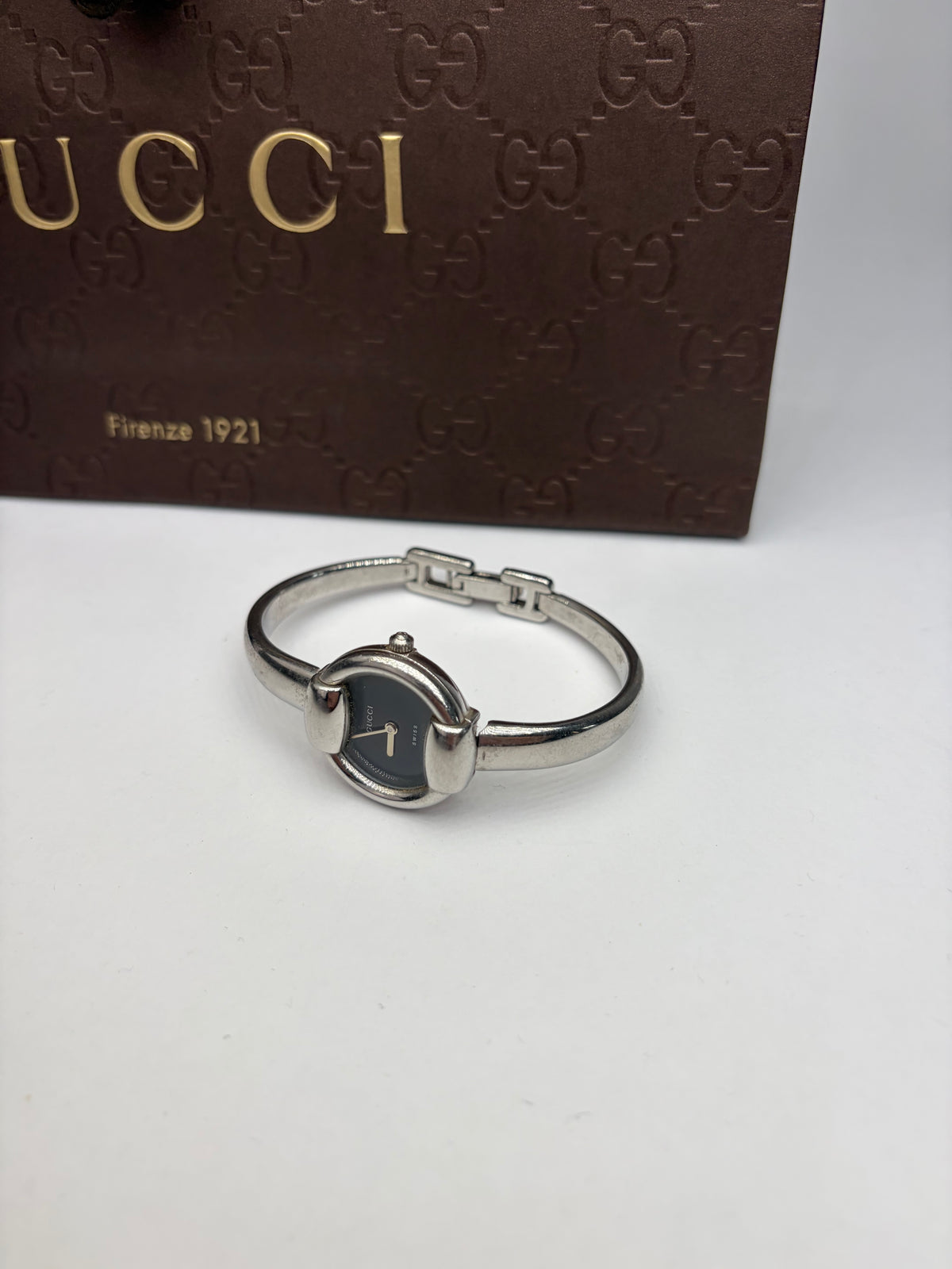Vintage Gucci Timeless Stainless Steel Bracelet Watch Black Silver