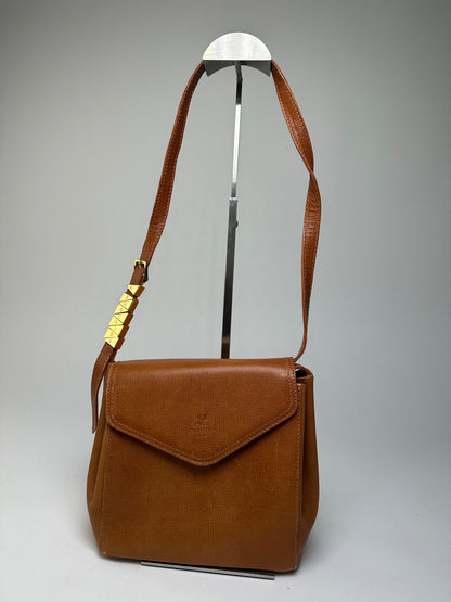 Vintage Courreges Textured Leather Shoulder Bag Tan Gold Y2K