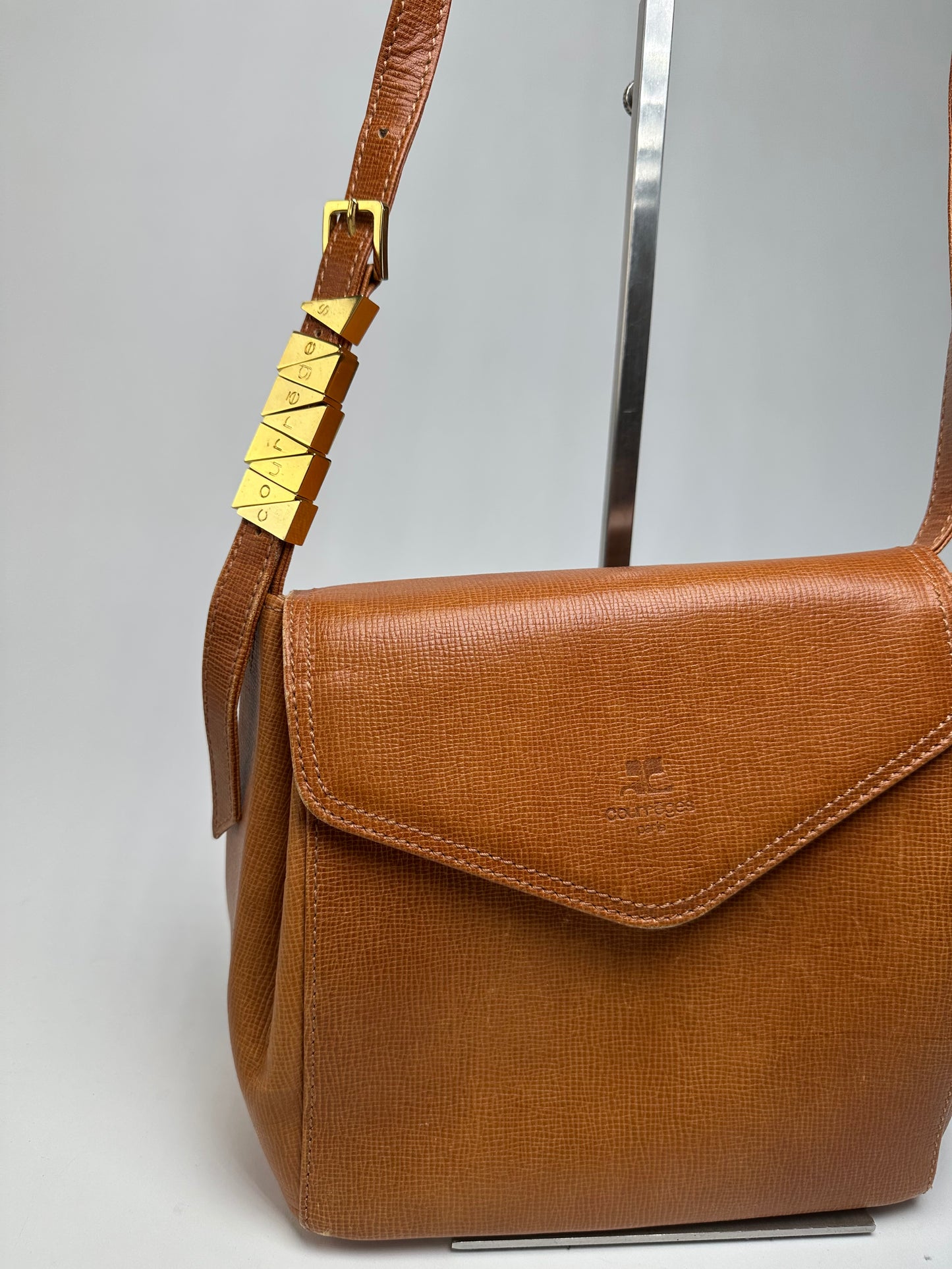 Vintage Courreges Textured Leather Shoulder Bag Tan Gold Y2K