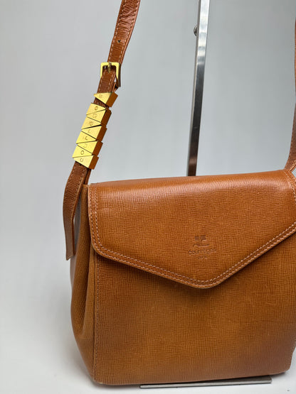 Vintage Courreges Textured Leather Shoulder Bag Tan Gold Y2K