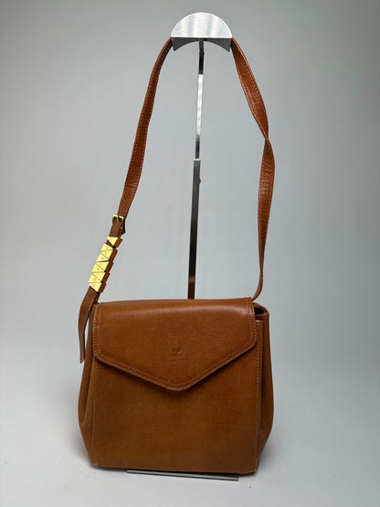 Vintage Courreges Textured Leather Shoulder Bag Tan Gold Y2K