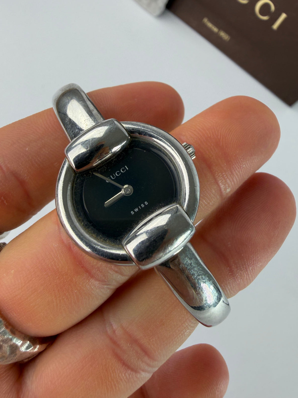 Vintage Gucci Timeless Stainless Steel Bracelet Watch Black Silver