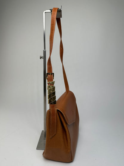 Vintage Courreges Textured Leather Shoulder Bag Tan Gold Y2K