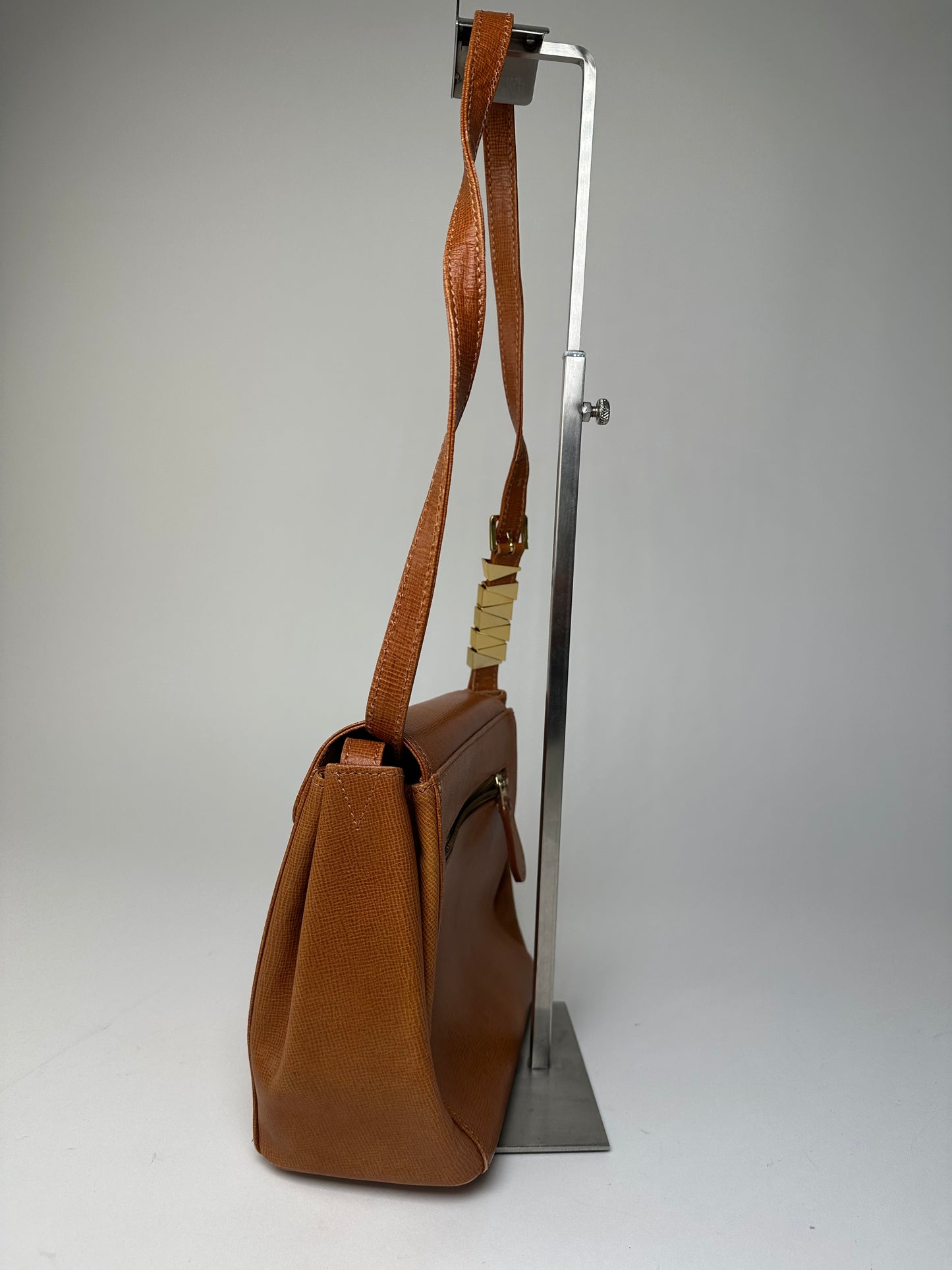 Vintage Courreges Textured Leather Shoulder Bag Tan Gold Y2K