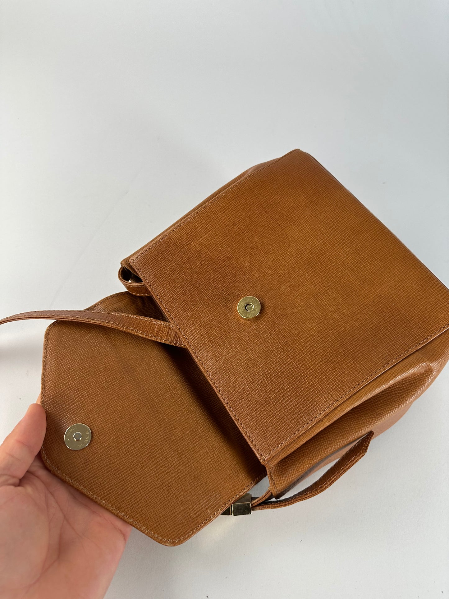 Vintage Courreges Textured Leather Shoulder Bag Tan Gold Y2K