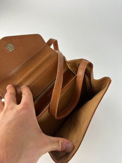 Vintage Courreges Textured Leather Shoulder Bag Tan Gold Y2K