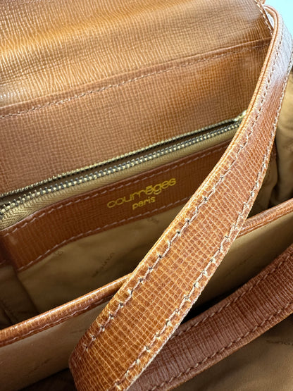 Vintage Courreges Textured Leather Shoulder Bag Tan Gold Y2K