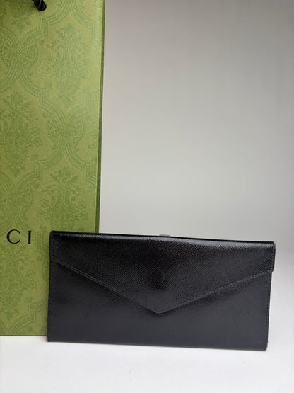 Vintage Gucci Saffiano Leather Bifold Wallet Black Gold