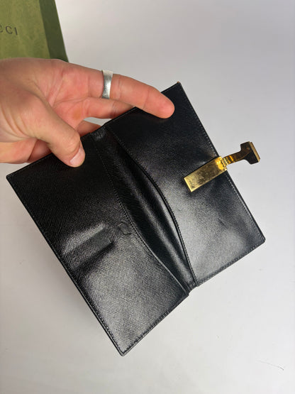 Vintage Gucci Saffiano Leather Bifold Wallet Black Gold