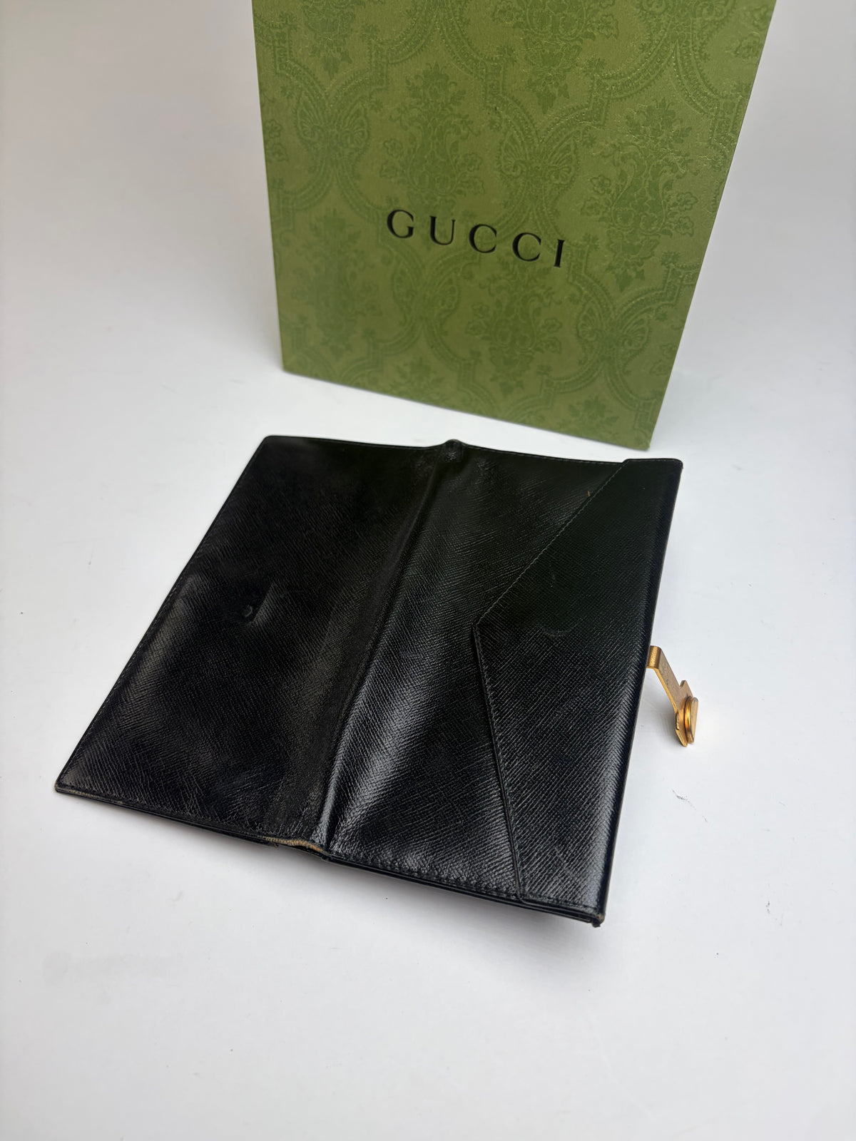 Vintage Gucci Saffiano Leather Bifold Wallet Black Gold