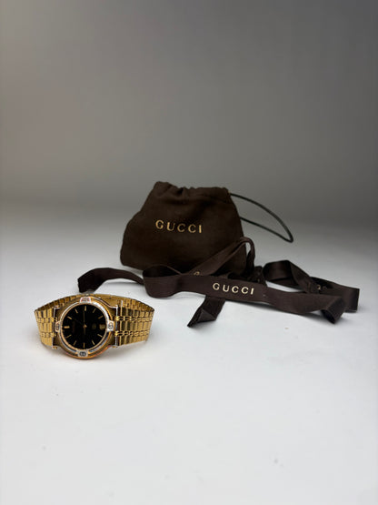 Vintage Gucci Gold-Tone Bracelet Watch Black Dial Late 1980s