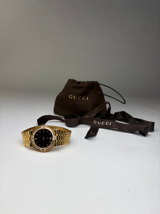 Vintage Gucci Gold-Tone Bracelet Watch Black Dial Late 1980s