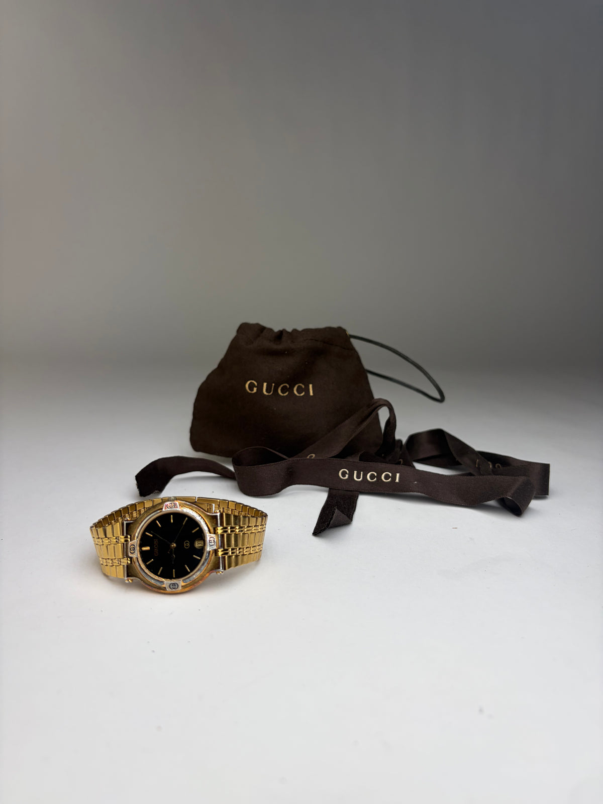 Vintage Gucci Gold-Tone Bracelet Watch Black Dial Late 1980s