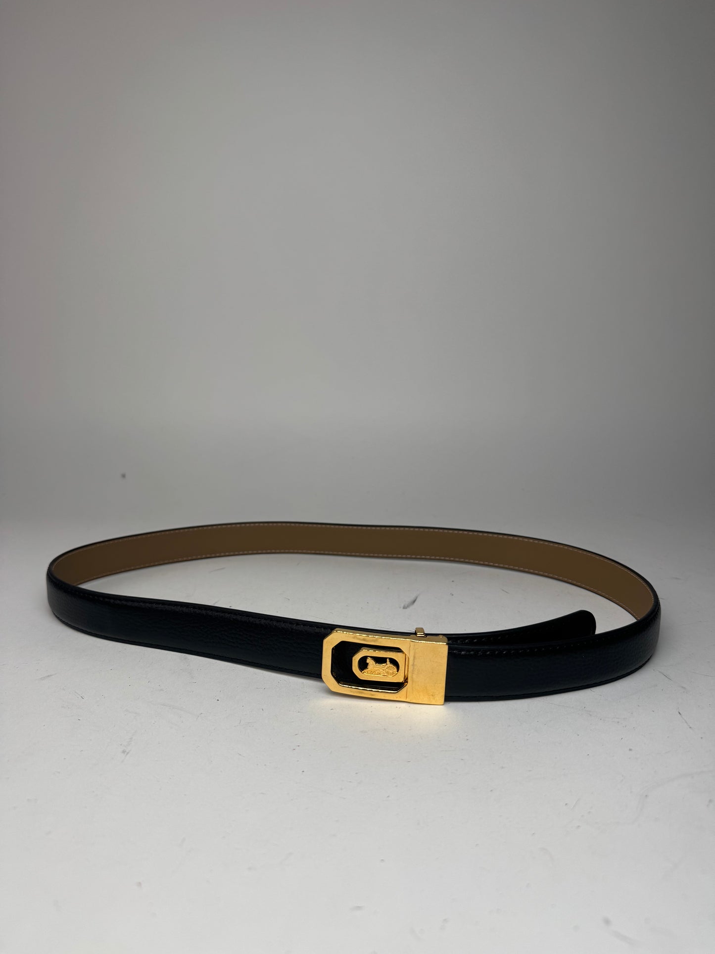 Vintage Celine Paris Carriage Logo Leather Belt Black