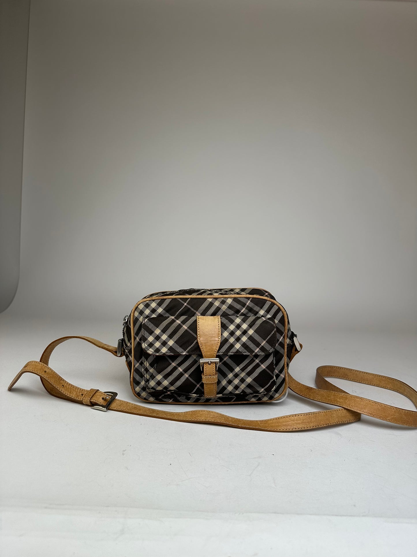 Vintage Burberry Checked Crossbody Bag Black White Brown