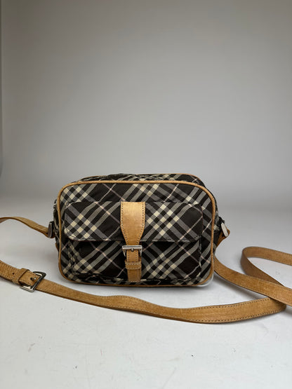 Vintage Burberry Checked Crossbody Bag Black White Brown