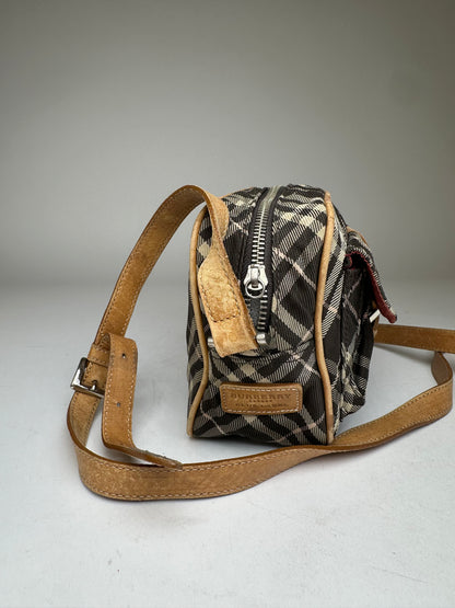 Vintage Burberry Checked Crossbody Bag Black White Brown