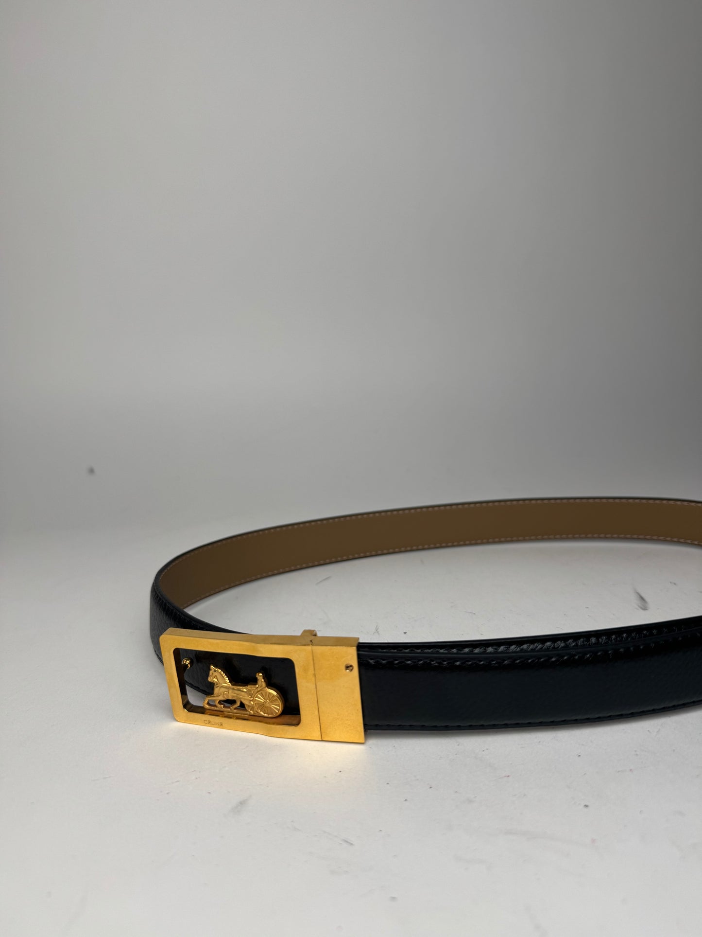 Vintage Celine Paris Carriage Logo Leather Belt black