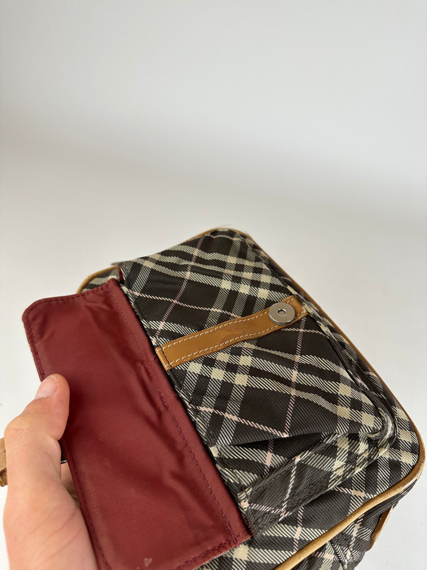 Vintage Burberry Checked Crossbody Bag Black White Brown