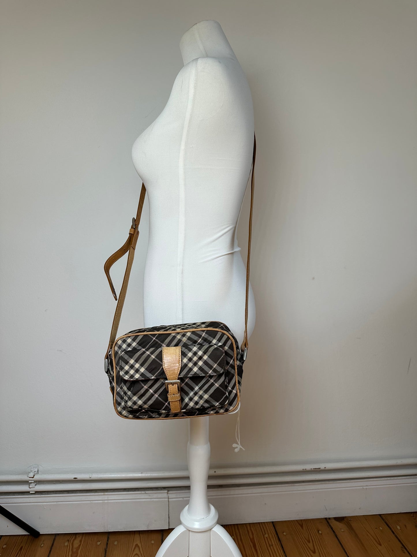 Vintage Burberry Checked Crossbody Bag Black White Brown