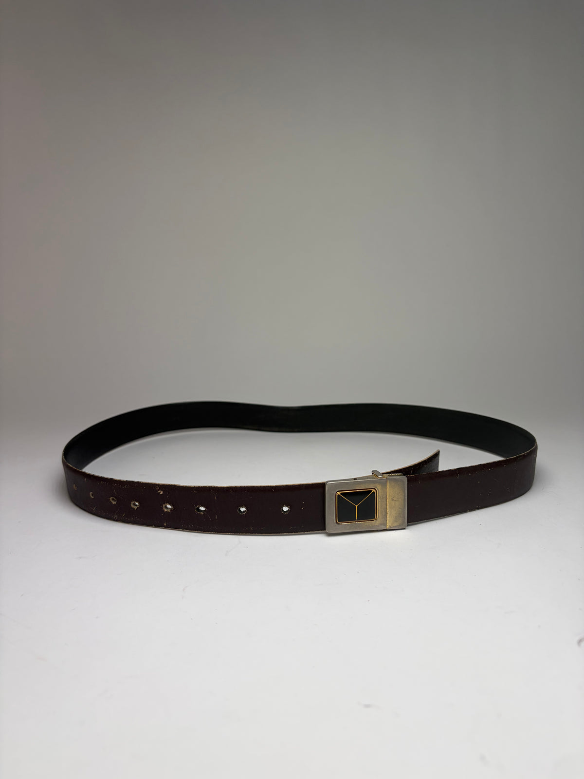 Vintage Yves Saint Laurent Leather Belt Geometric Buckle Late 1970s Dark Brown