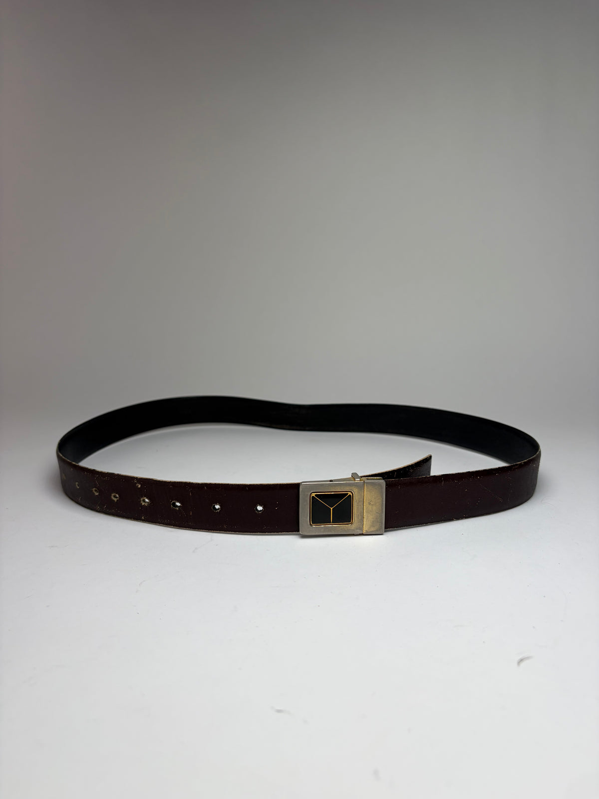 Vintage Yves Saint Laurent Leather Belt Geometric Buckle Late 1970s Dark Brown