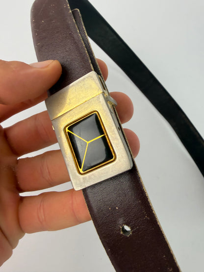 Vintage Yves Saint Laurent Leather Belt Geometric Buckle Late 1970s Dark Brown