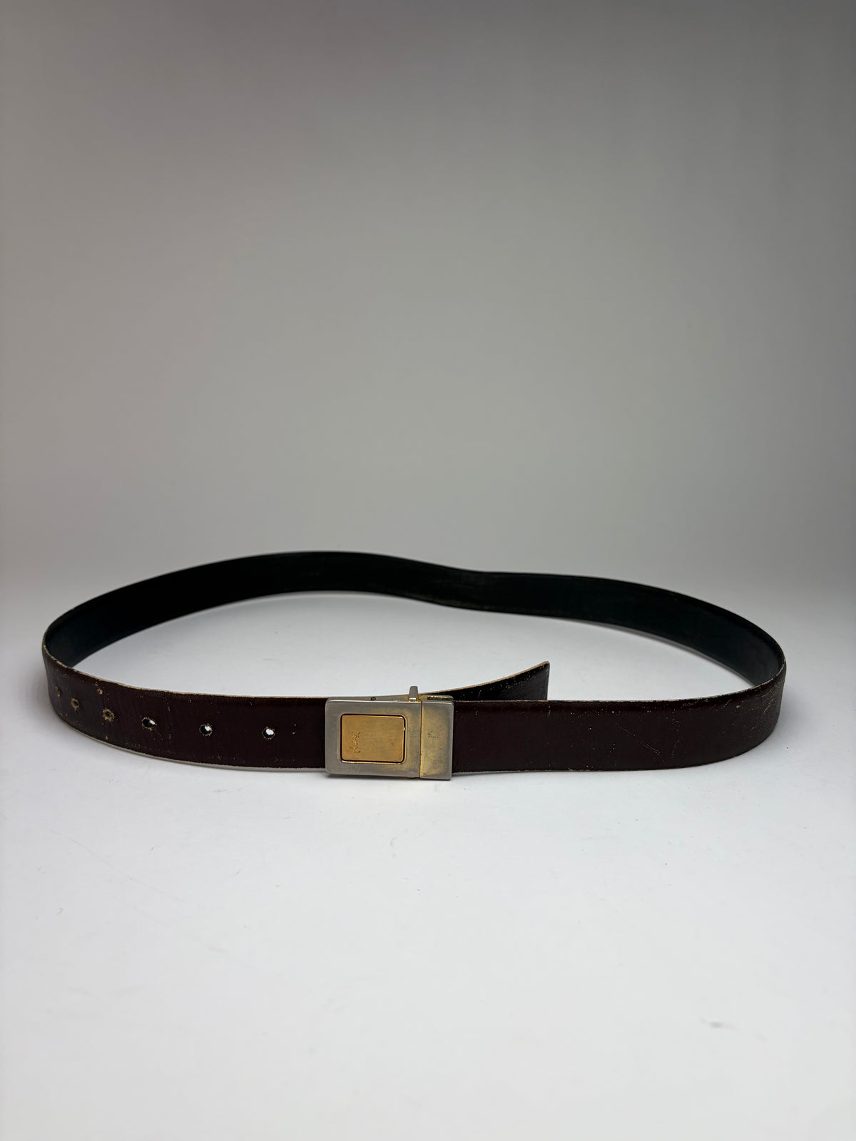 Vintage Yves Saint Laurent Leather Belt Geometric Buckle Late 1970s Dark Brown