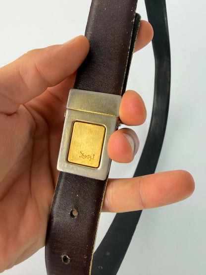 Vintage Yves Saint Laurent Leather Belt Geometric Buckle Late 1970s Dark Brown