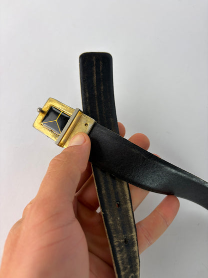 Vintage Yves Saint Laurent Leather Belt Geometric Buckle Late 1970s Dark Brown