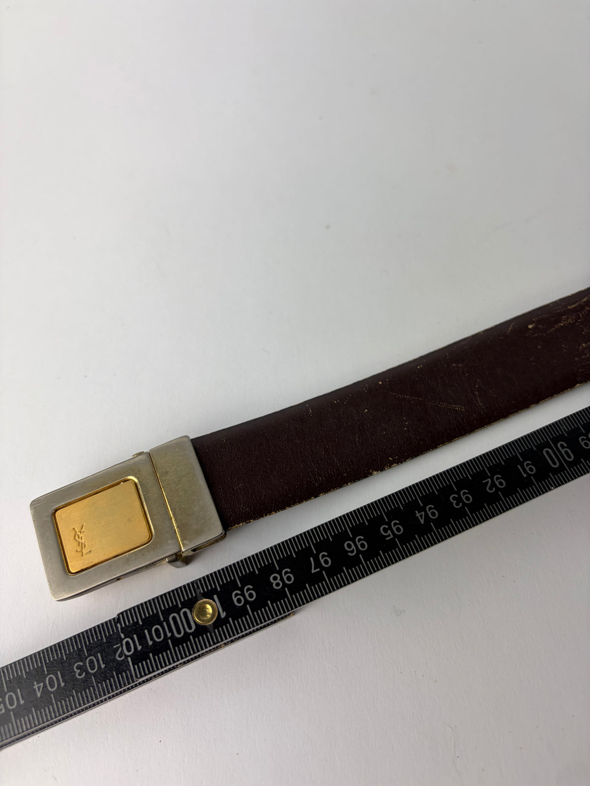 Vintage Yves Saint Laurent Leather Belt Geometric Buckle Late 1970s Dark Brown