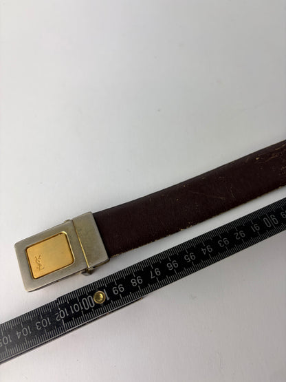 Vintage Yves Saint Laurent Leather Belt Geometric Buckle Late 1970s Dark Brown