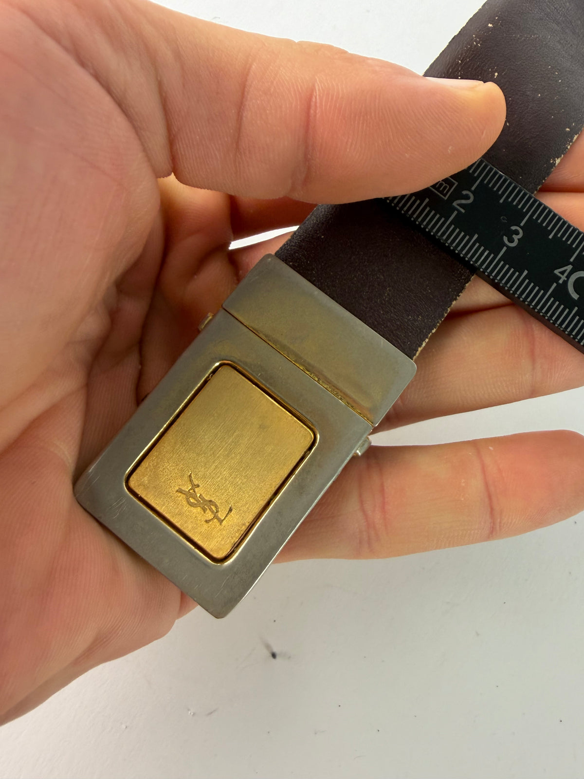 Vintage Yves Saint Laurent Leather Belt Geometric Buckle Late 1970s Dark Brown