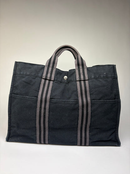 Vintage Hermes Cotton Canvas Tote Black Silver