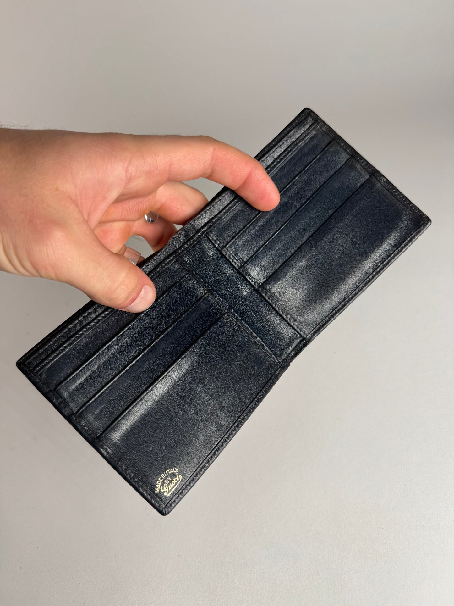Vintage Gucci Monogram Flapable Ophidia Wallet Grey Navy