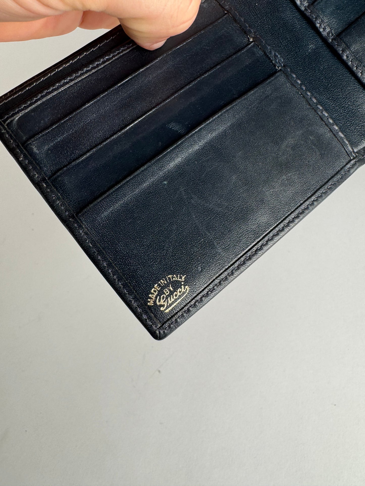 Vintage Gucci Monogram Flapable Ophidia Wallet Grey Navy