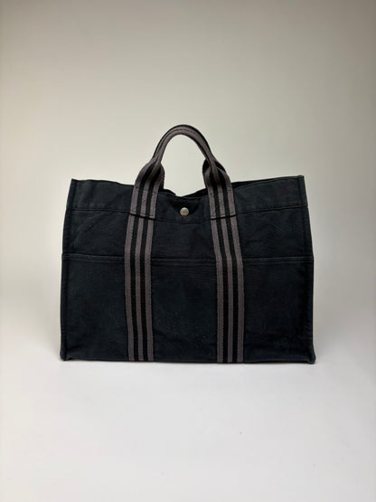 Vintage Hermes Cotton Canvas Tote Black Silver